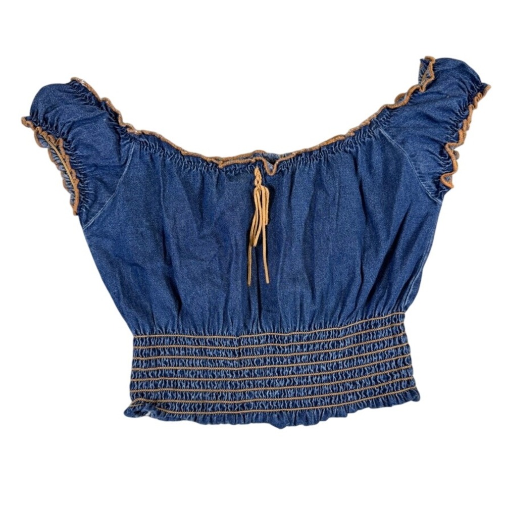Zoey Beth Denim Crop Top Blue Smocked Waist Off Shoulder Peasant Blouse Large